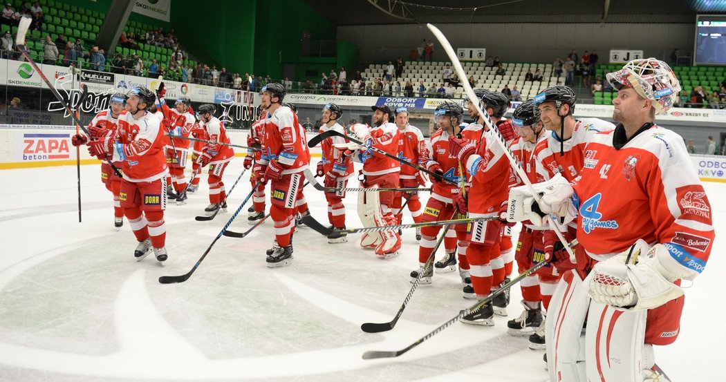 Olomoučtí hokejisté oslavili vítězství v Mladé Boleslavi