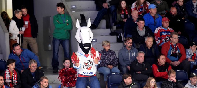 Maskot pardubického Dynamo během domácího výprasku od Karlových Varů s velkými obtížemi dokázal zabavit nespokojené fanoušky