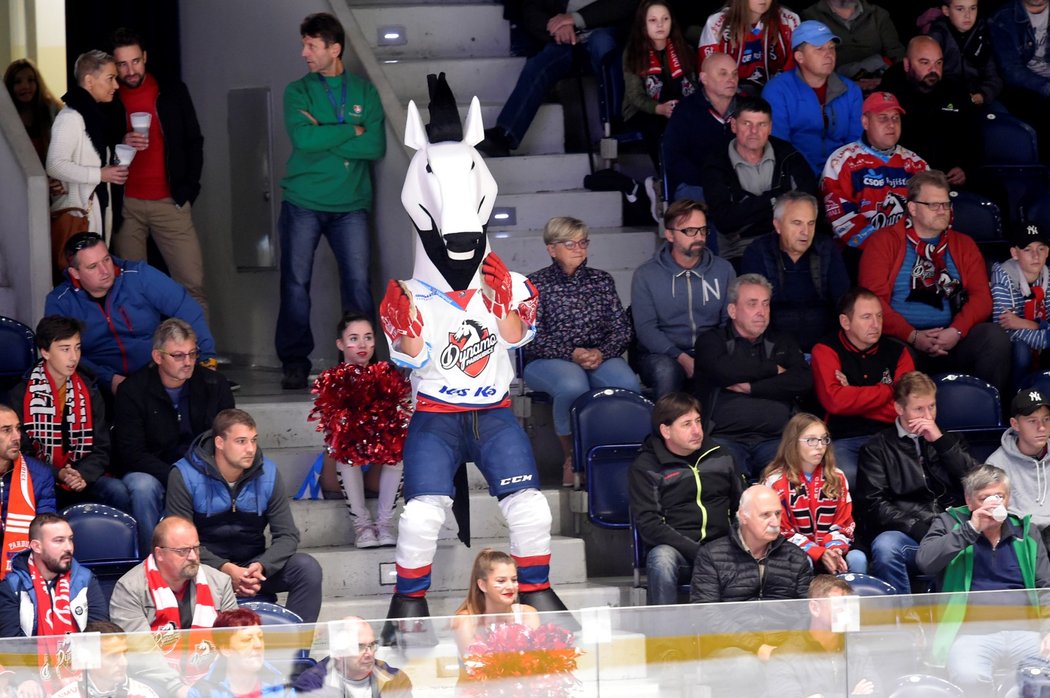 Maskot pardubického Dynamo během domácího výprasku od Karlových Varů s velkými obtížemi dokázal zabavit nespokojené fanoušky