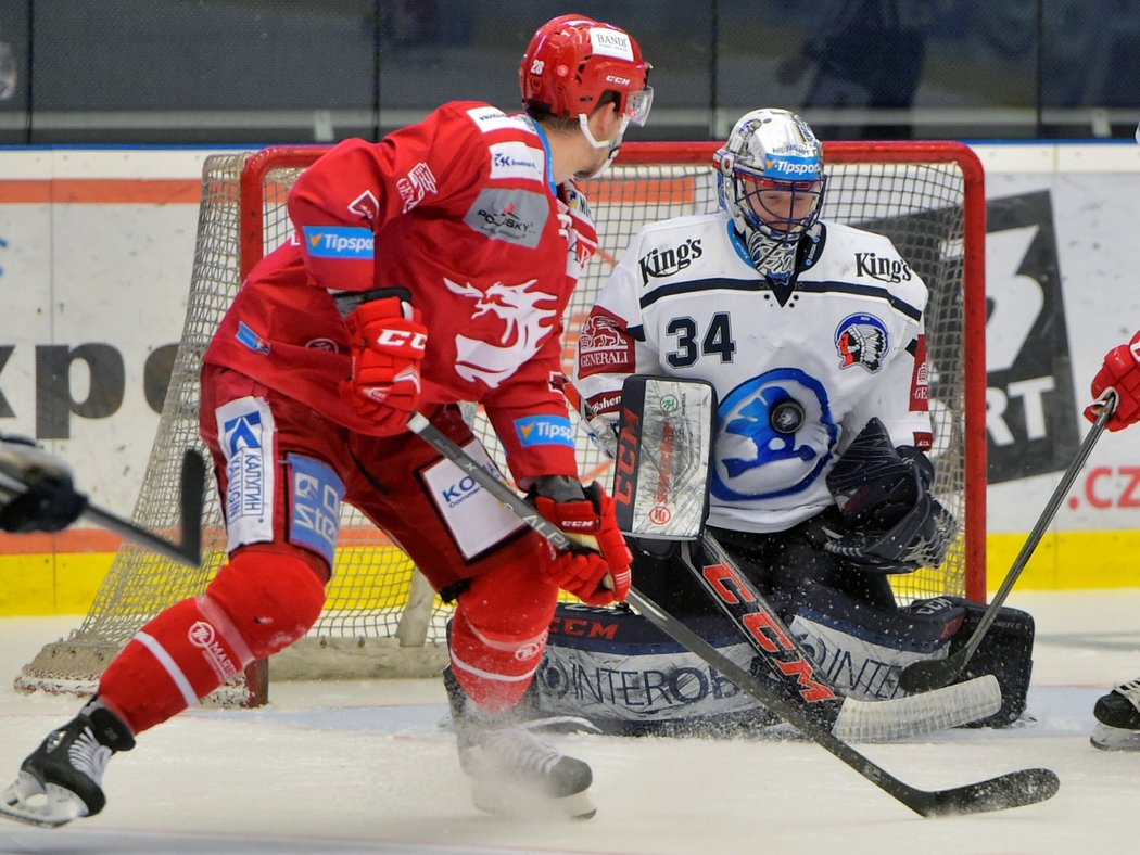 Plzeňský gólman Dominik Frodl si musí dát pozor před svojí brankou