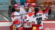 Hradečtí hokejisté v čele s kapitánem Radkem Smoleňákem (uprostřed) se radují z gólu