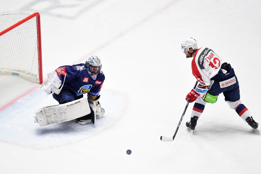 Slovenský gólman Denis Godla tváří v tvář svému krajanovi Radoslavovi Tyborovi z Kladna