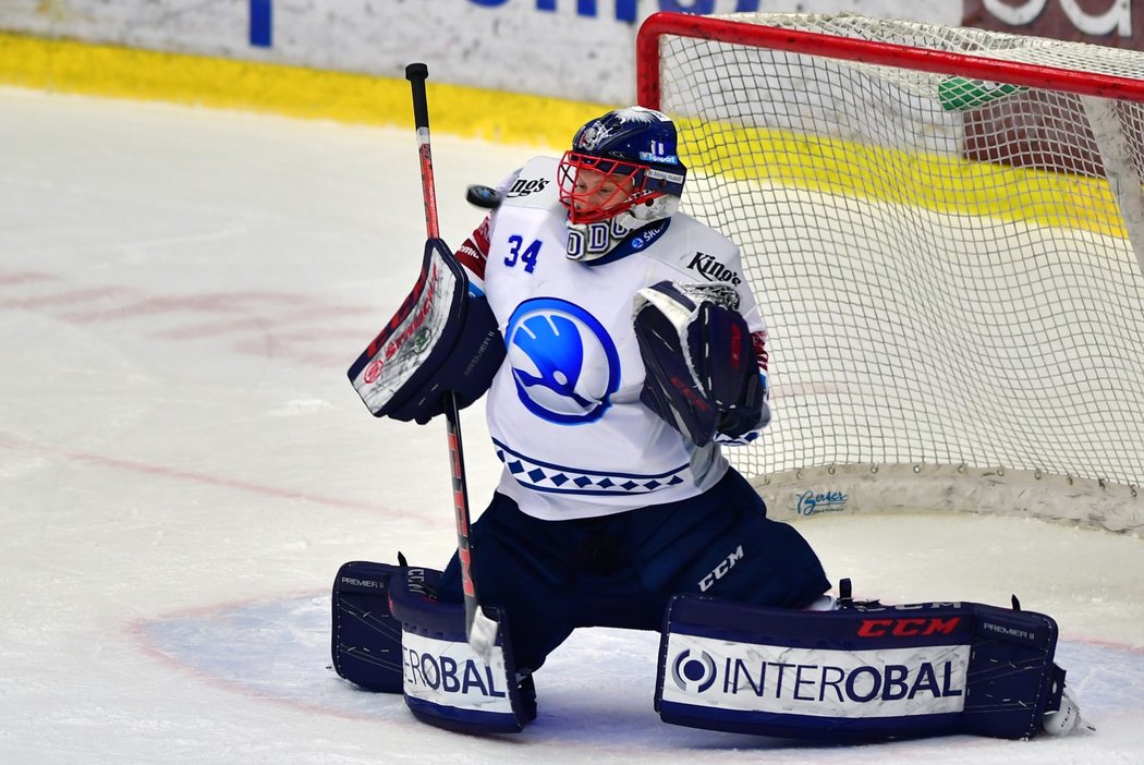 Plzeňský brankář Dominik Frodl zasahuje