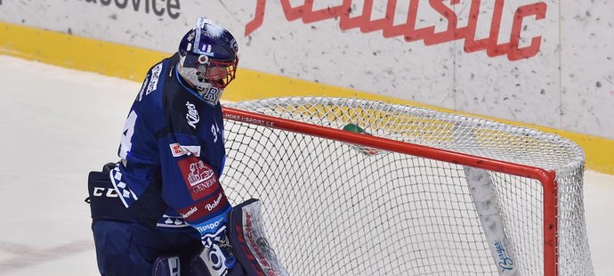 Plzeňský brankář Dominik Frodl loví kotouč z branky