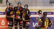 Litvínovští hokejisté se radují z gólu kapitána Viktora Hübla (uprostřed)