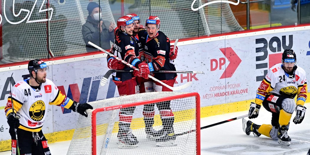 Hradečtí hokejisté se radují z gólu za bránou Litvínova