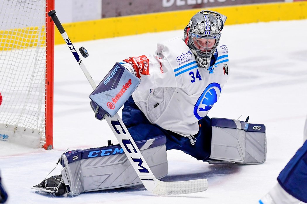 Plzeňský brankář Dominik Frodl v akci