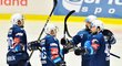 Plzeňští hokejisté oslavují vstřelenou branku Filipa Suchého (vpravo)