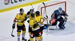 Litvínovští hokejisté se radují z gólu do brány Petra Kváči z Liberce