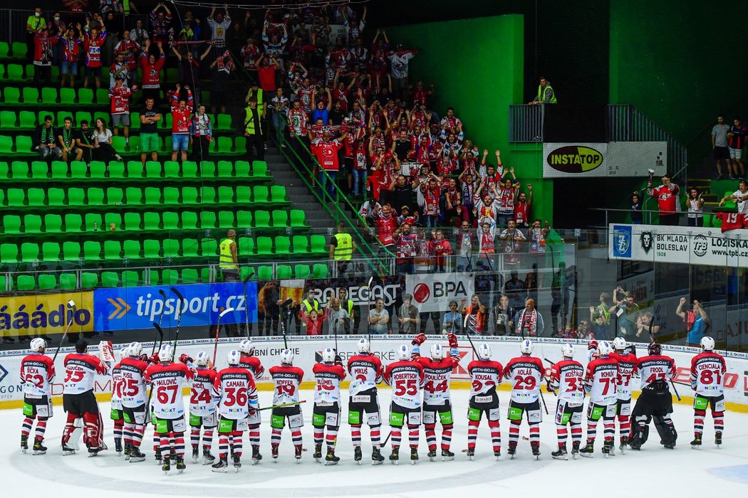 Pardubičtí hokejisté si užívají děkovačku se svými fanoušky, kteří dorazili do Mladé Boleslavi