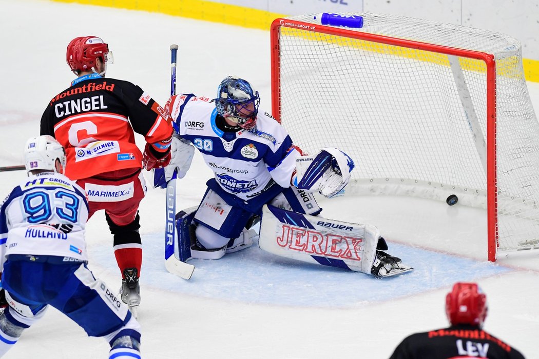 Brankář Komety Matej Tomek inkasuje gól v utkání s Hradcem Králové