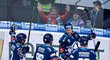 Plzeňští hokejisté se radují z gólu střelce Michala Bulíře (uprostřed)