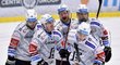 Karlovarští hokejisté se radují z gólu obránce Dalimila Mikysky (vpravo)
