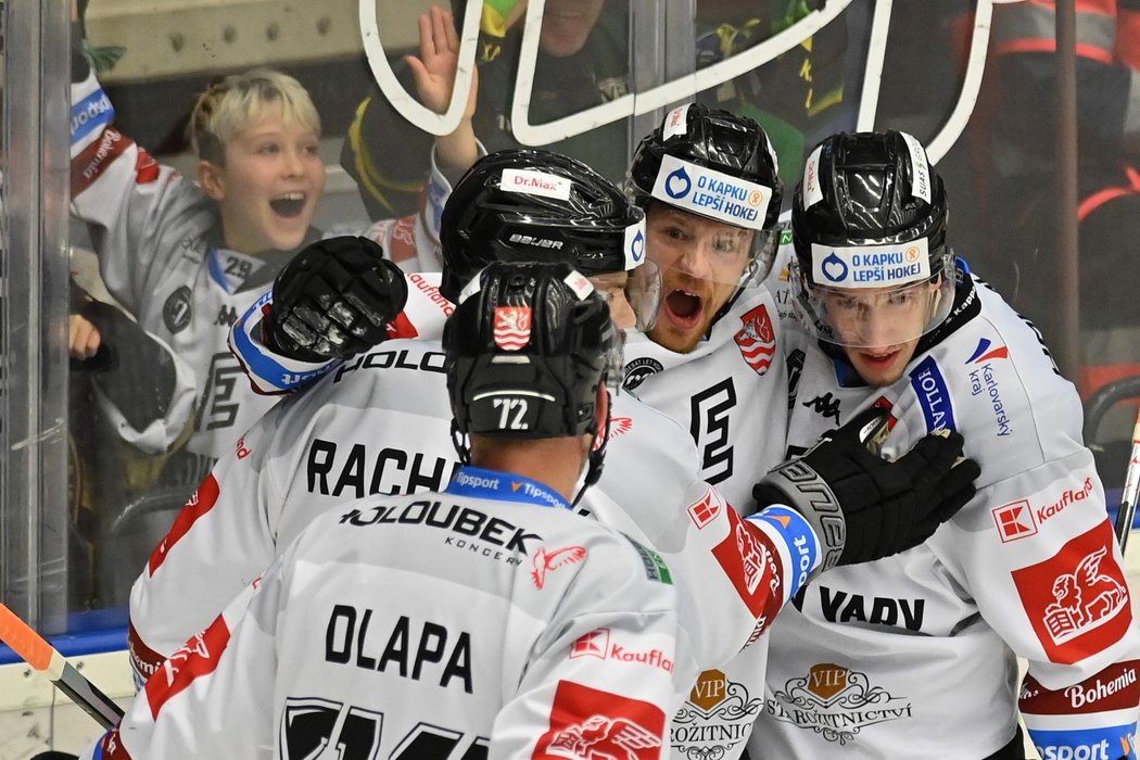 Karlovarští hokejisté oslavují vstřelenou branku