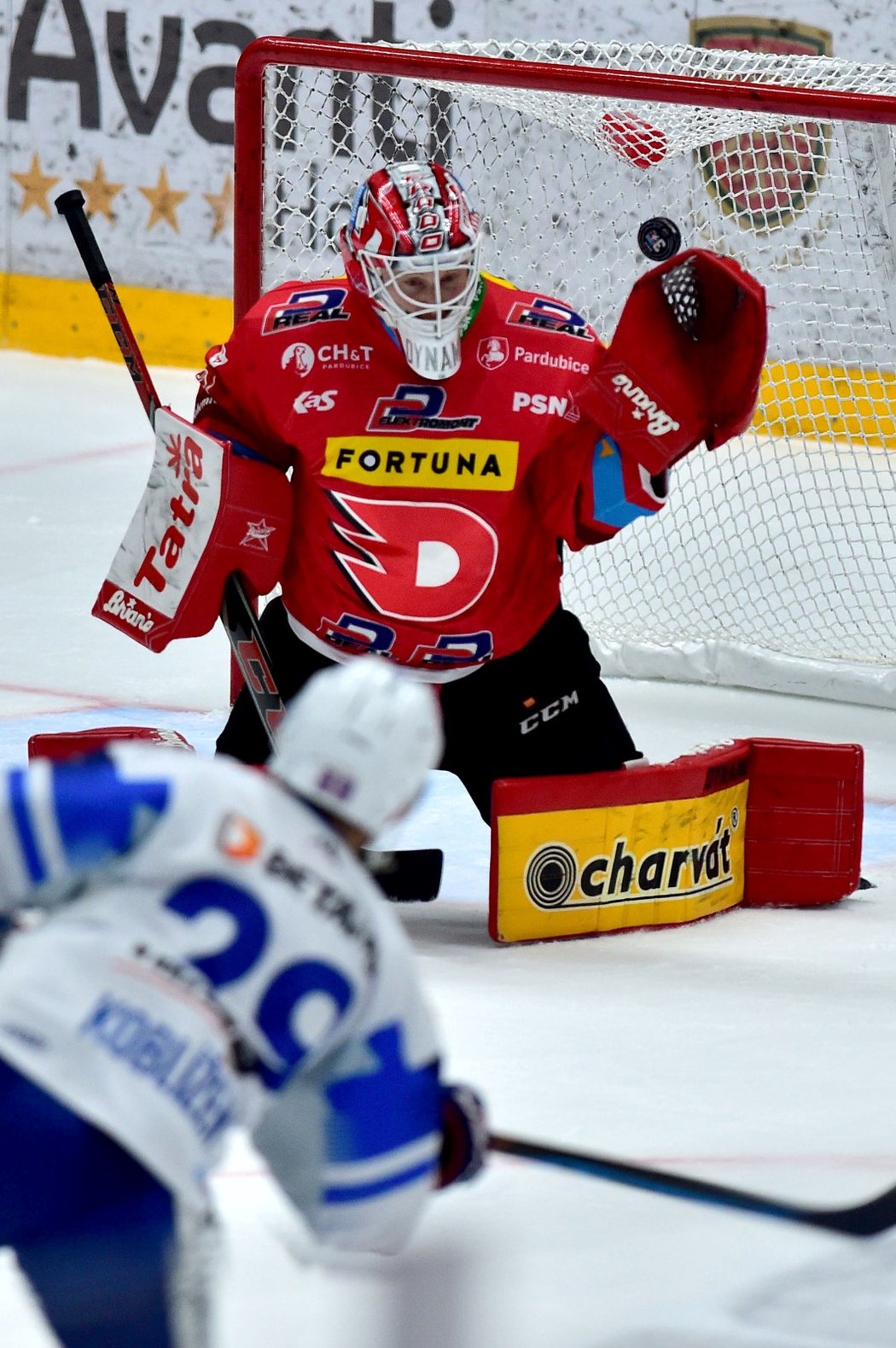 Pardubický brankář Dominik Frodl se chystá lapit puk