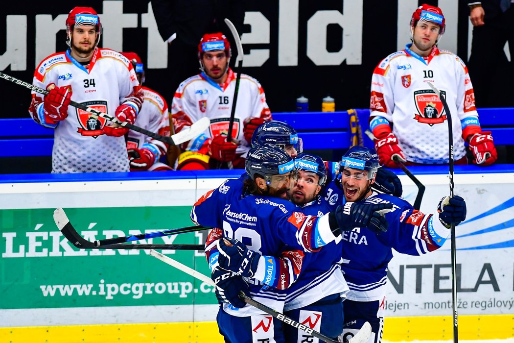 Vítkovičtí hokejisté oslavují vstřelený gól během utkání v Hradci Králové