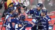 Vítkovičtí hokejisté se radují z gólu v derby s Třincem