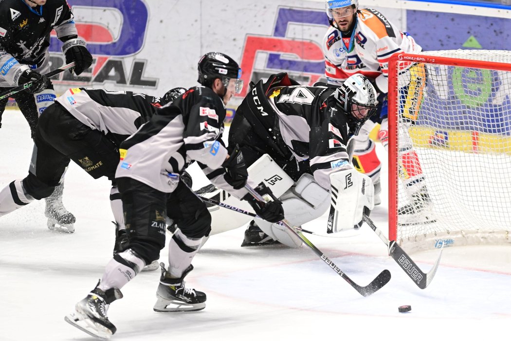 Karlovarský brankář Dominik Frodl se natahuje hokejkou pro puk