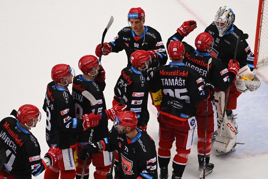 Hradečtí hokejisté oslavují vítězství 5:0 v Třinci