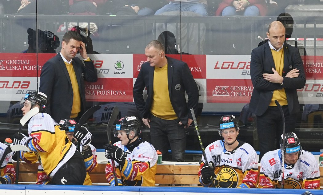 Karel Mlejnek, Robert Reichel a David Kočí na litvínovské střídačce