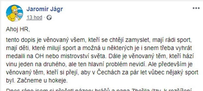 Příspěvek Jaromíra Jágra na Facebooku k uzavření extraligy