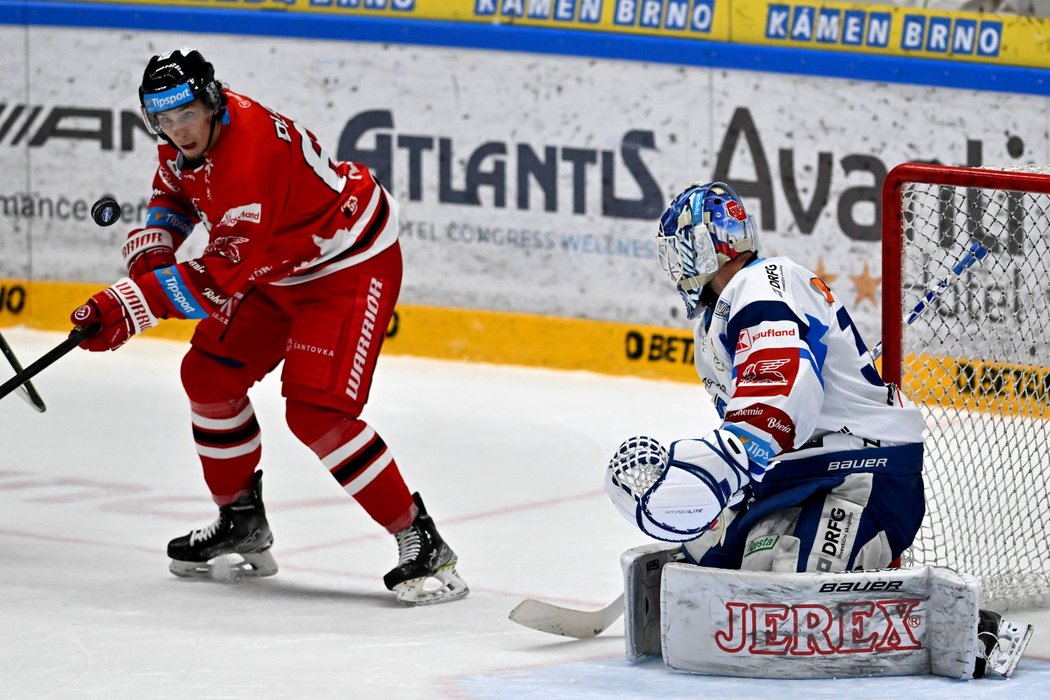 Zleva Karel Plašek z Olomouce a brankář Brna Dominik Furch