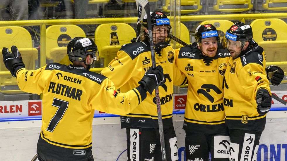 Hráči Litvínova se radují z gólu v utkání proti Kometě