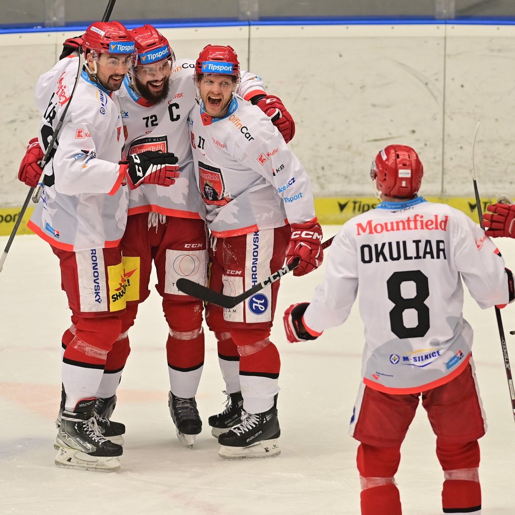 Hokejisté Hradce se radují z gólu Ralfse Freibergse