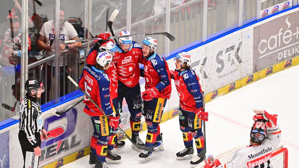 Pardubičtí hráči se radují z gólu v utkání proti Hradci