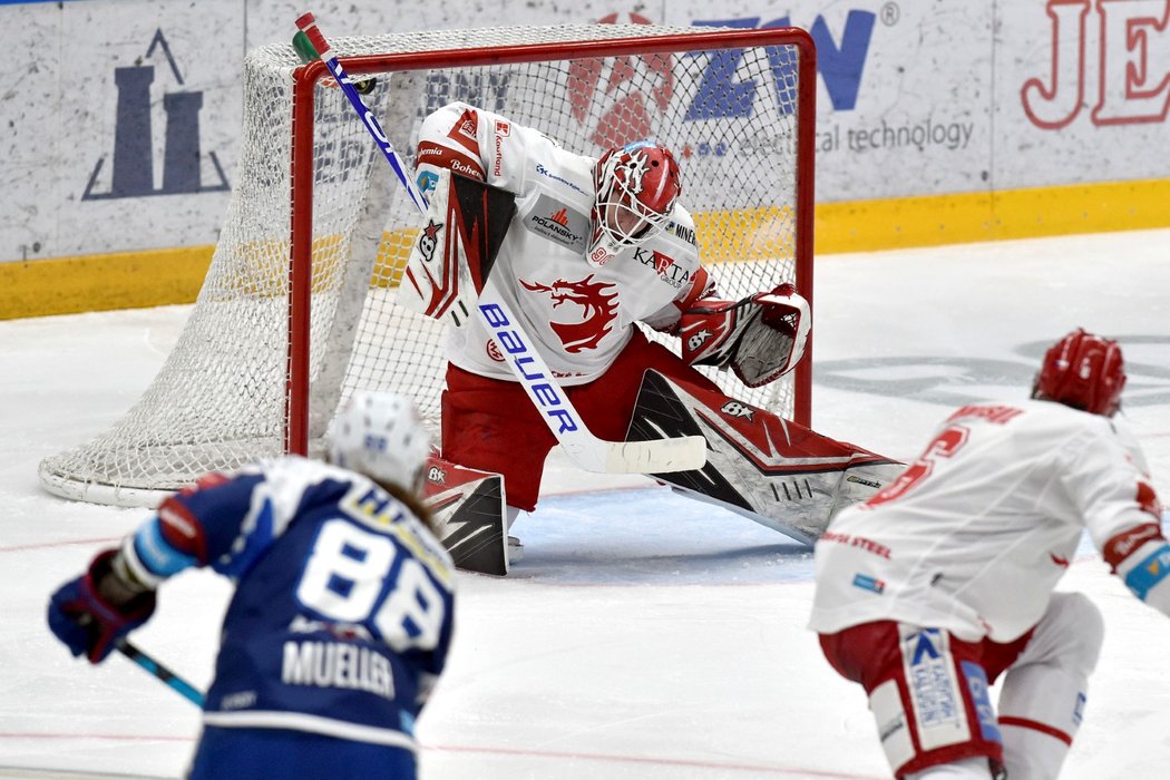 Gólman Třince Ondřej Kacetl inkasuje branku od Petera Muellera