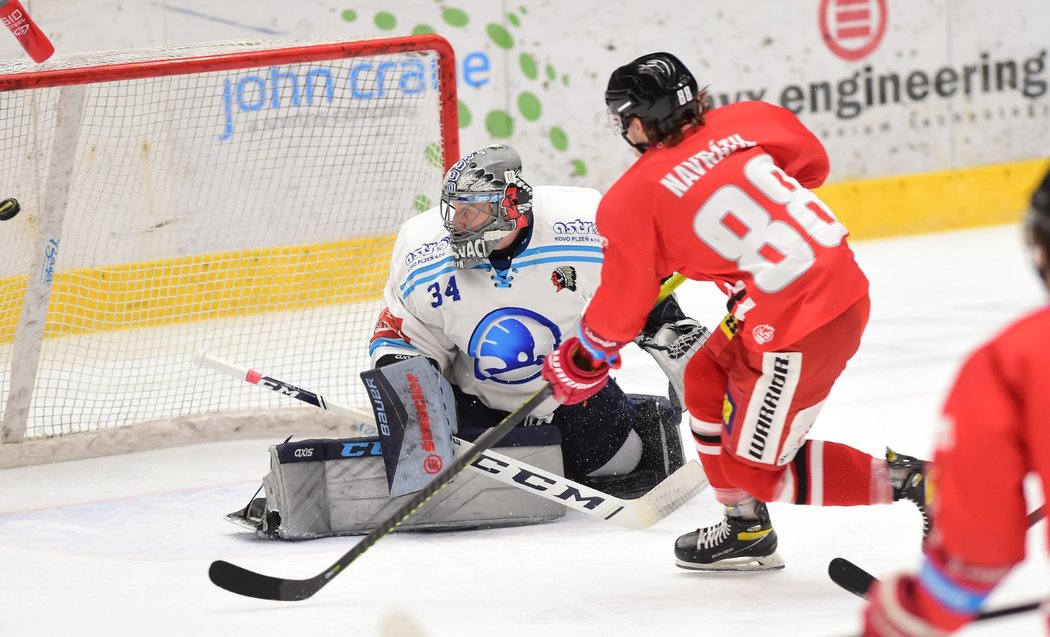 Olomoucký útočník Jakub Navrátil překonává Dominika Frodla z Plzně