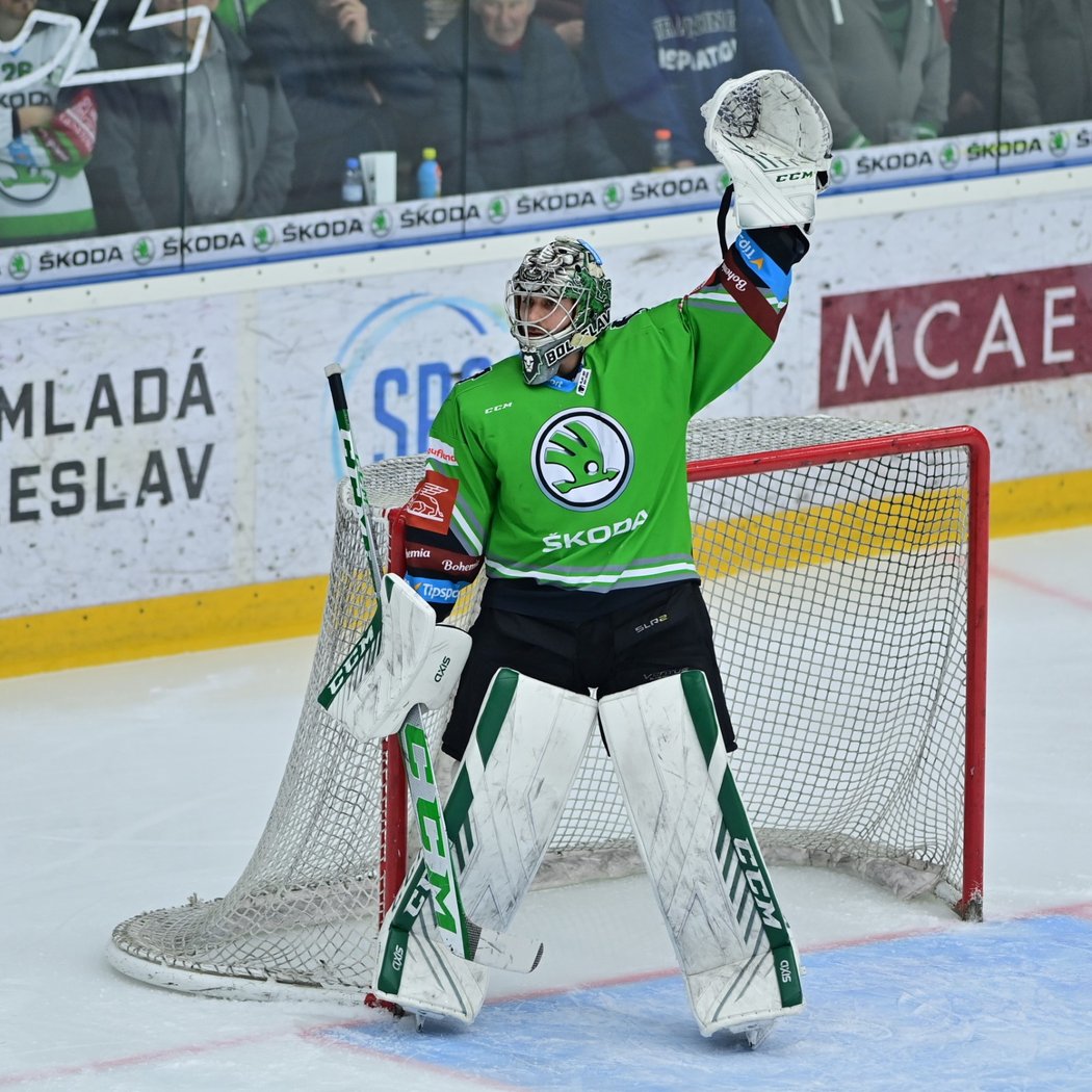 Brankář Mladé Boleslavi Gašper Krošelj v zápase čtvrtfinále play off