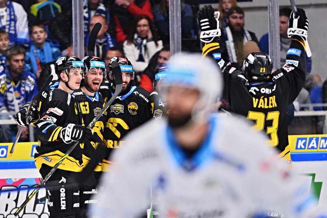 Hokejisté Litvínova se radují z jednoho z pěti gólů v síti Komety