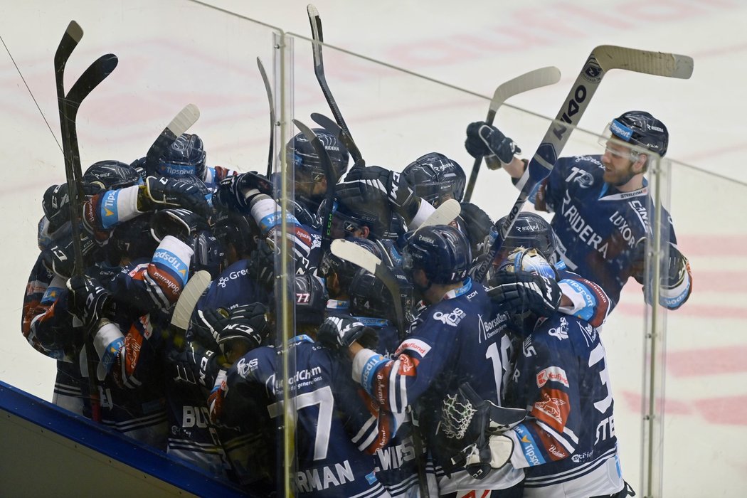 Vítkovičtí hokejisté se radují po gólu v prodloužení, který ale nebyl uznán
