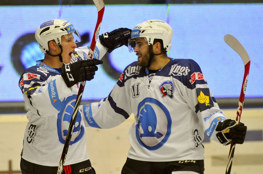 Domácí hokejisté David Sklenička (vlevo) a Michal Poletín se radují ze druhého gólu.