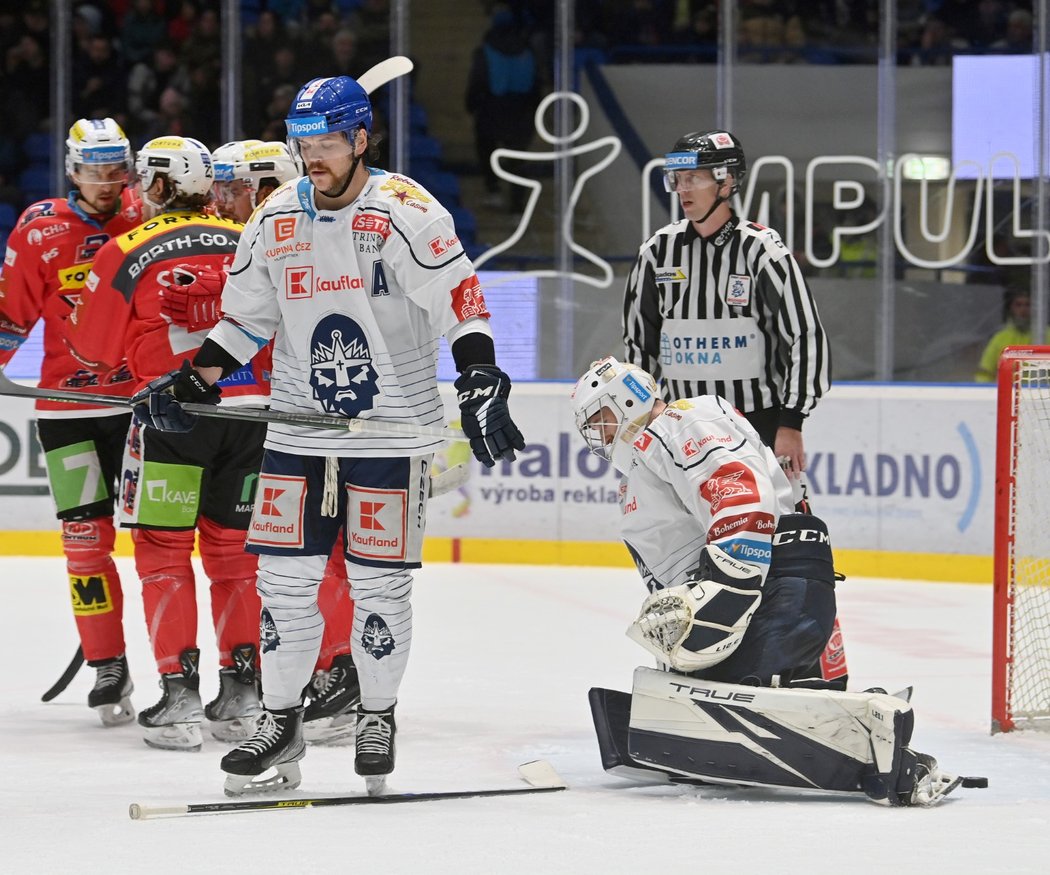 Pardubičtí hráči slaví gól na 3:1 proti Kladnu