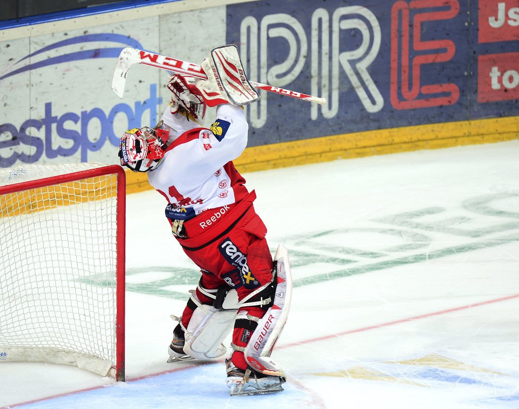 Brankář Adam Svoboda se raduje po nájezdech z postupu do play off