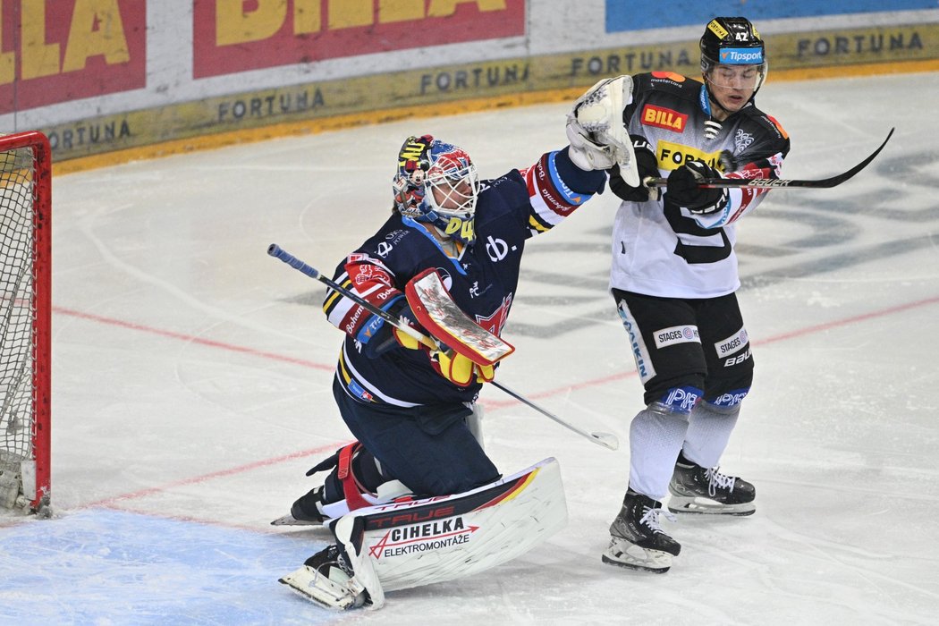 Zleva brankář Českých Budějovic Dominik Hrachovina, David Vitouch ze Sparty