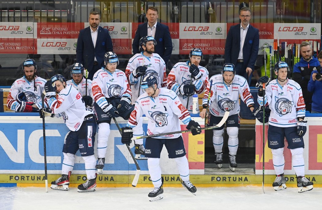 Zklamaní hokejisté Liberce z vyřazení v čele s obráncem Ladislavem Šmídem (dole uprostřed), který končí kariéru