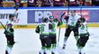 Mladoboleslavští hokejisté se radují z gólu Michala Vondrky v utkání na ledě Sparty