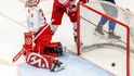 Třinecký brankář Marek Mazanec inkasuje proti Plzni