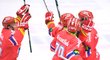 Hokejisté Budějovic se radují z gólu do sítě Vítkovic v rozhodujícím zápase předkola play off
