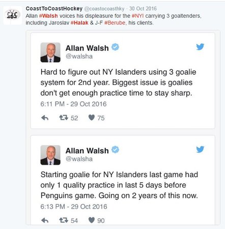 Halákův agent Allan Walsh na Twitteru kritizoval brankářské poměry u Islanders
