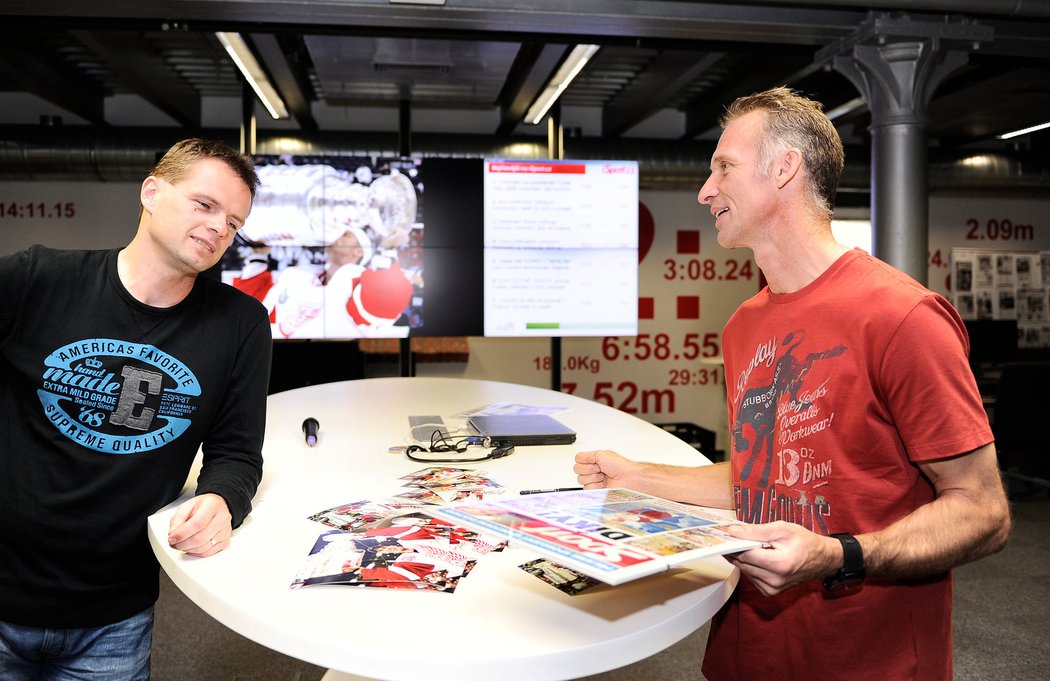 Dominik Hašek a Miroslav Horák v redakci deníku Sport