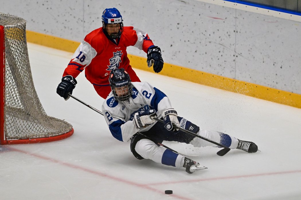 Jiří Klíma hákuje v utkání proti Finsku v semifinále Hlinka-Gretzky Cupu