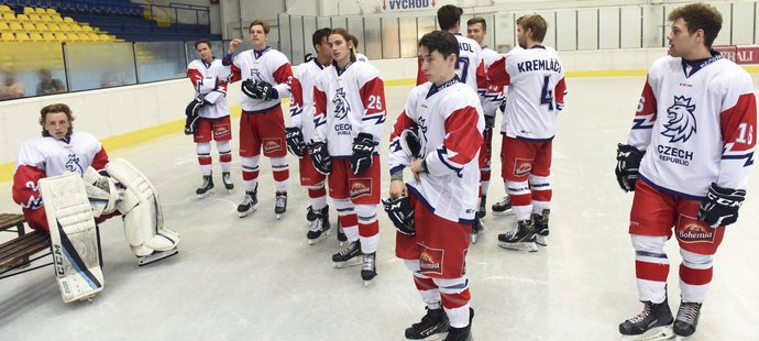 Čeští hokejisté do 18 let na hromadném focení před turnajem Hlinka Gretzky Cup.