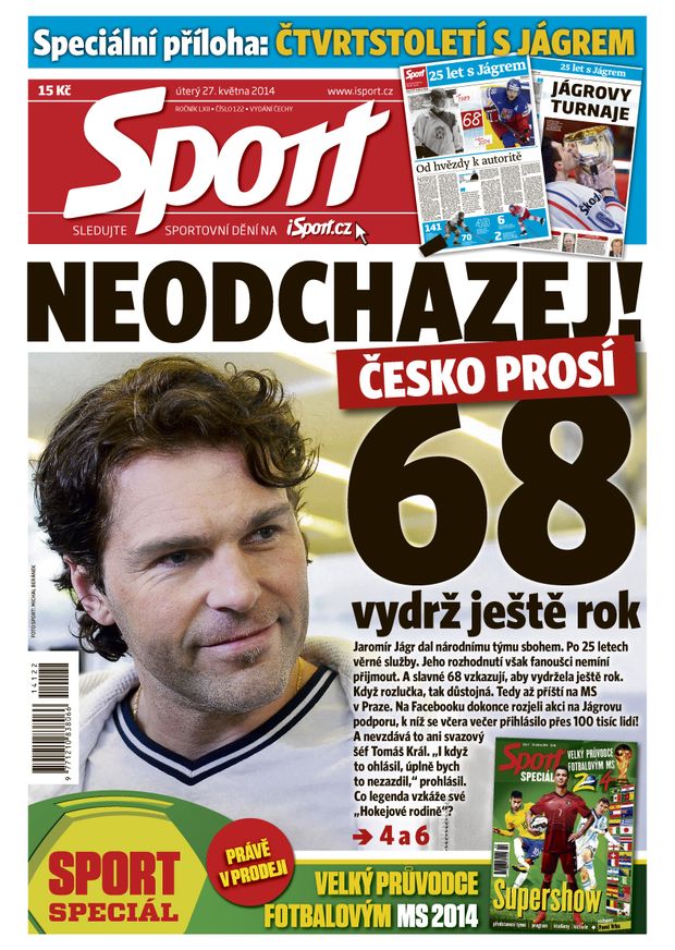 Titulní strana úterního vydání deníku Sport Titulní strana úterního vydání deníku Sport