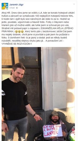 Jaromír Jágr popsal na svém facebooku svůj zážitek ze setkání s bezdomovcem v Los Angeles