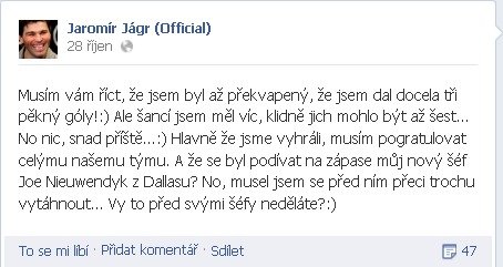 Jaromír Jágr se může na Facebooku chlubit svými skvělými výkony