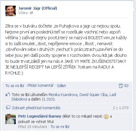Na Facebooku Jaromír Jágr oznámil fanouškům, že se rozešel s přítelkyní a hned rozvinul zajímavou debatu, jak smutnou událost překonat...